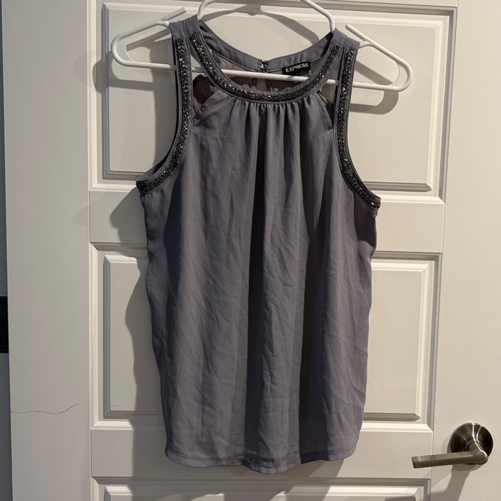Express Gray Sleeveless Top with Embellished Trim